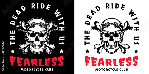 Skull wearing helmet motorcycle and Crossbones in black and white vintage monochrome style isolated