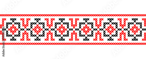 Ukrainian embroidery border pattern in red and black colors. Pixel art, vyshyvanka, cross stitch. Ukrainian folk, ethnic vector border pattern, ornament, print