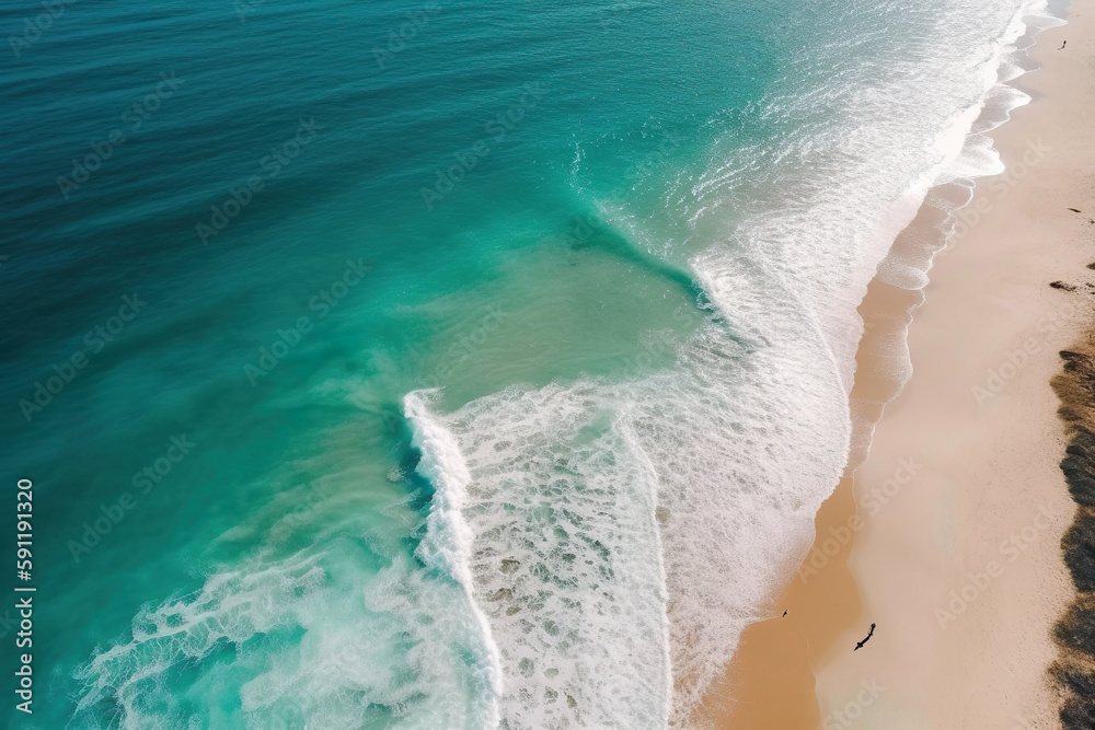 Soft blue ocean wave on sandy beach. Top view. Generative AI