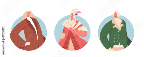 Men And Women in Elegant 18th Century Attire Isolated Round Icons or Avatars. People Exuding An Air Of Sophistication