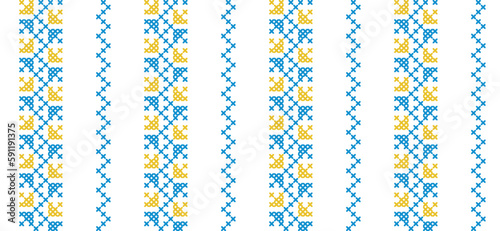 Ukrainian vector seamless fashion pattern. Decoration in blue and yellow color. Ukrainian vertical stripes fashion pattern. Pixel art, vyshyvanka, cross stitch
