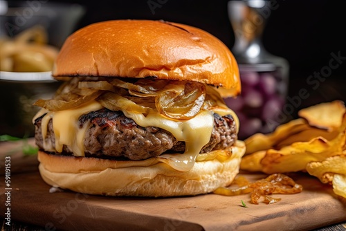 close-up of juicy hamburger with melted cheese and grilled onions, created with generative ai