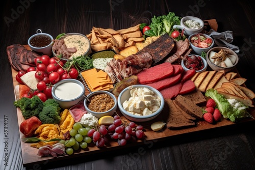 platter of different types of american food, from meat and fish to bread and cheese, created with generative ai