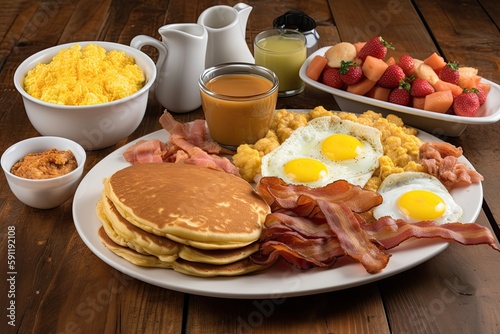 breakfast plate, overflowing with eggs, bacon and pancakes, created with generative ai