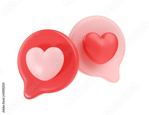 3d social media love hearts icon render - two message red bubble for chat and network speech on mobile phone