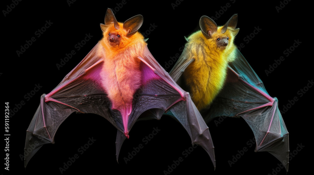 Isolated Colorful Two Bats On Black Background, Generative Ai