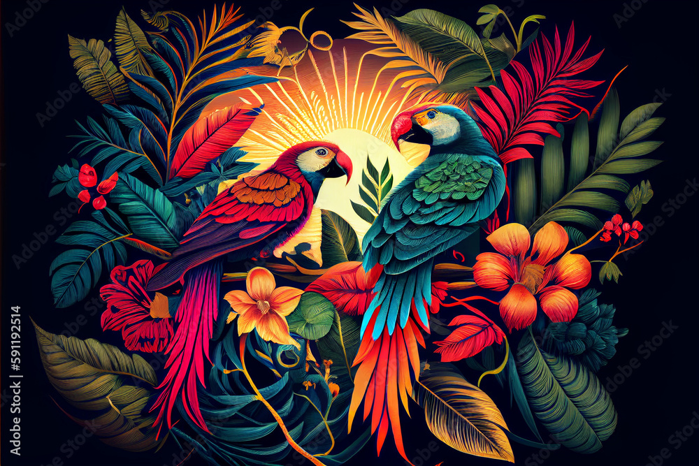 Obraz premium Pattern of tropical leaves in bright and rich colors. Parrots among the leaves.