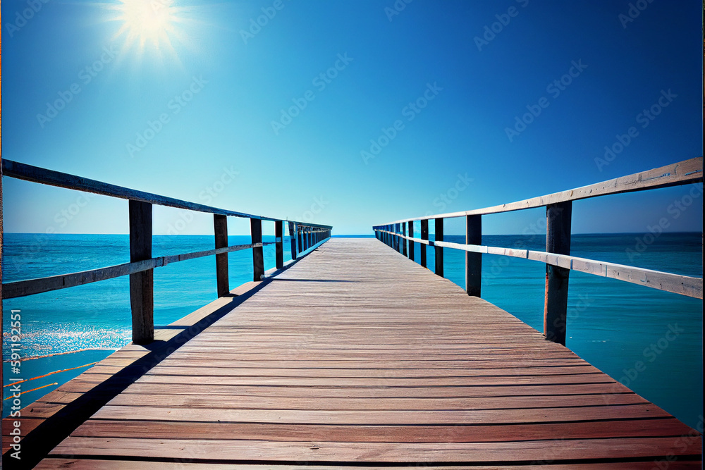Wooden bridges, footpath or pontoon go far into the sea, abstract illustration.