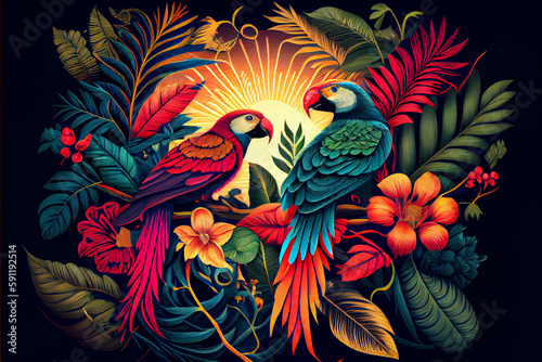 Pattern of tropical leaves in bright and rich colors. Parrots among the leaves. © serperm73