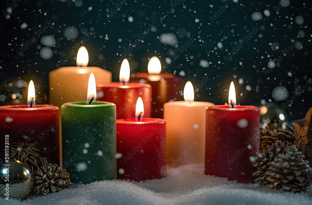 Burning candle and Christmas decoration over snow and wooden background. Generative Ai. Burning candle and Christmas decoration over snow and wooden background. Generative Ai.