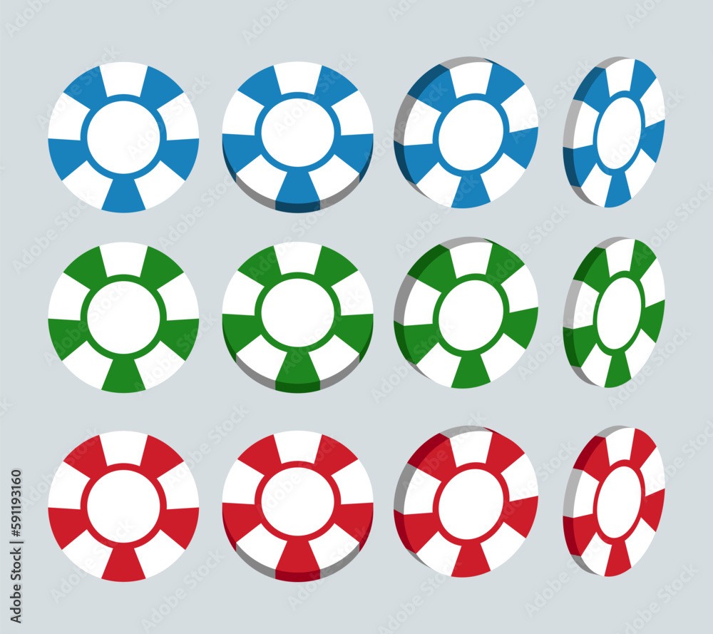 Playing chips. 3d chips in different positions. A set of chips for gambling. Vector illustration. Playing chips. 3d chips in different positions. A set of chips for gambling. Vector illustration.