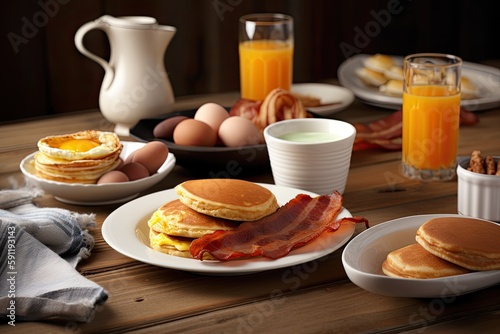 plate of classic american breakfast, with eggs, bacon and pancakes, created with generative ai
