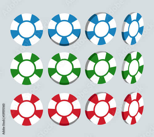 Playing chips. 3d chips in different positions. A set of chips for gambling. Vector illustration.