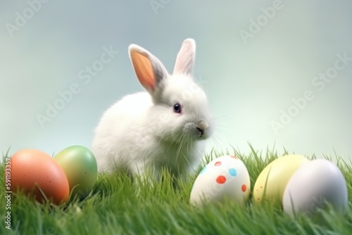 baby rabbit as easter bunny on grass with easter eggs, ai generated, Generative AI