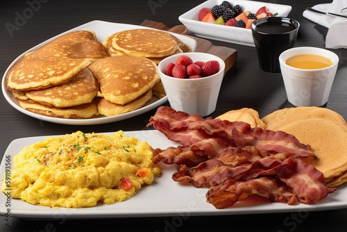 breakfast platter of scrambled eggs, bacon, and pancakes, created with generative ai