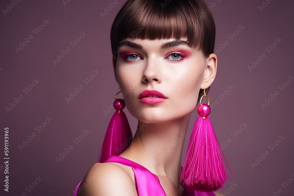 Beautiful model with large earrings jewelry pink color. Fashionable makeup and cosmetics, generative AI tools Beautiful model with large earrings jewelry pink color. Fashionable makeup and cosmetics, generative AI tools