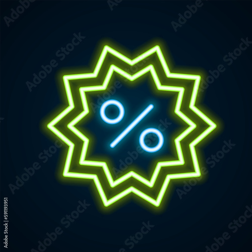 Glowing neon line Discount percent tag icon isolated on black background. Shopping tag sign. Special offer sign. Discount coupons symbol. Colorful outline concept. Vector