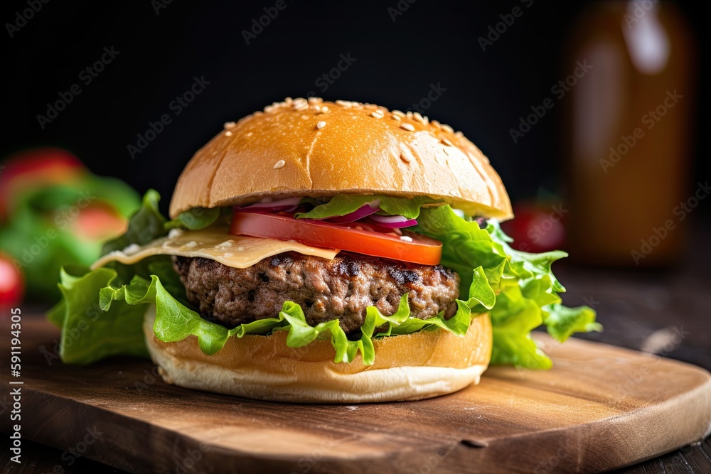 a slice of juicy, flavorful burger with fresh lettuce and tomatoes, created with generative ai a slice of juicy, flavorful burger with fresh lettuce and tomatoes, created with generative ai