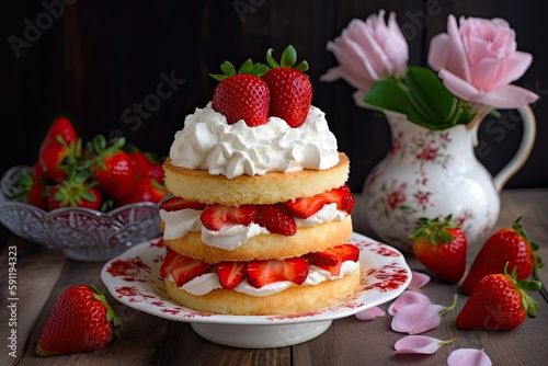 strawberry shortcake, with fresh strawberries and whipped cream, created with generative ai