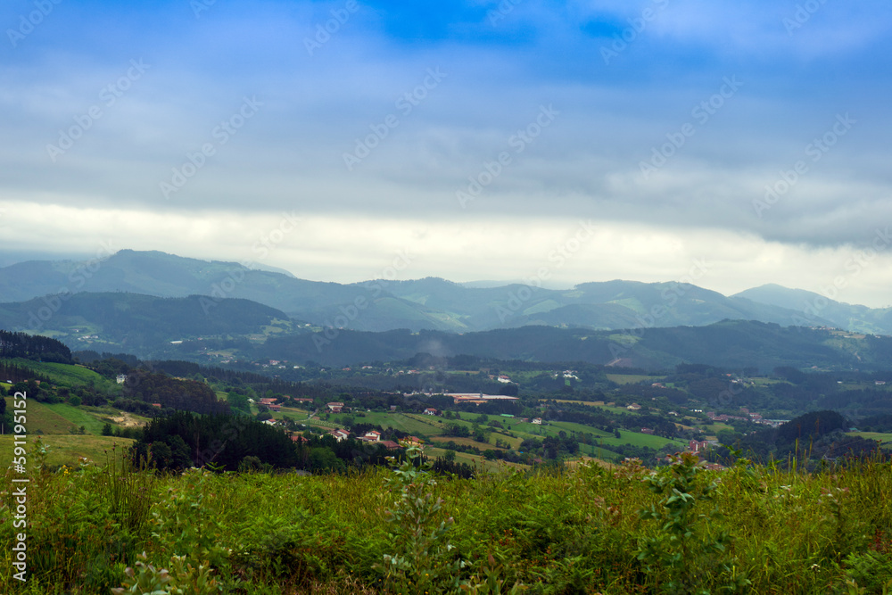 landscape in mountains. grassy field and rolling hills out of focus. rural scenery