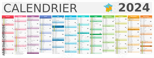 Calendrier 2024 12 mois au format 320 x 840 mm entièrement modifiable via calques et texte sans serif - vacances officielles