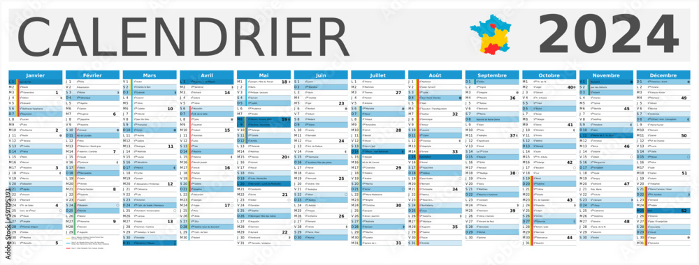 Calendrier 2024 12 mois au format 320 x 840 mm entièrement modifiable via calques et texte sans serif - vacances officielles