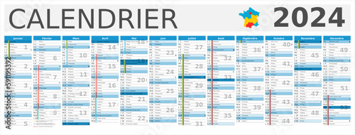Calendrier 2024 12 mois au format 320 x 840 mm entièrement modifiable via calques et texte sans serif - vacances officielles