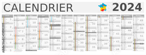 Calendrier 2024 12 mois au format 320 x 840 mm entièrement modifiable via calques et texte sans serif - vacances officielles