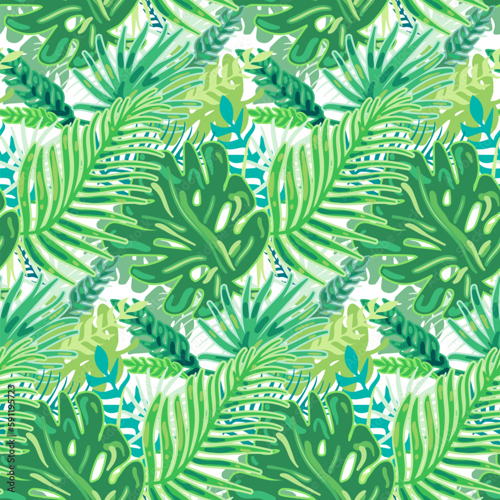 Tropical green plants seamless pattern with date palm leaves, ferns and monstera. Leaves and flowers of exotic plants. Ornament for printing on fabric, cover and packaging. Vector isolated on white