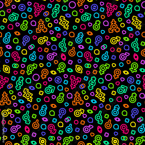 Neon seamless pattern with traditional and progressive unconventional sexual relations between sexes groups. Ornament for printing on fabric, cover and packaging. Vector isolated on black background