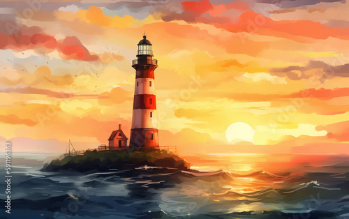 Lighthouse at sunset. Generative AI.
