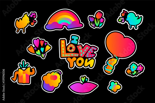 Declarative gradient festive Stickers with neon bright on dark black backdrop. Party icons for design of card or invitation. Doodle hand drawn illuminated vector isolated on black background