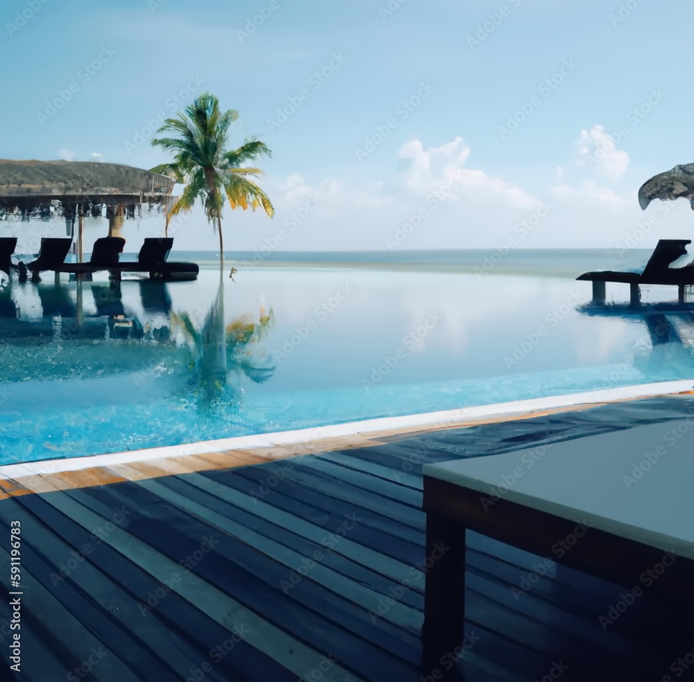 Luxury resort with swimming pool which can see gorgeous ocean view in the afternoon sunny day. Tropical paradise illustration designed by generative ai.