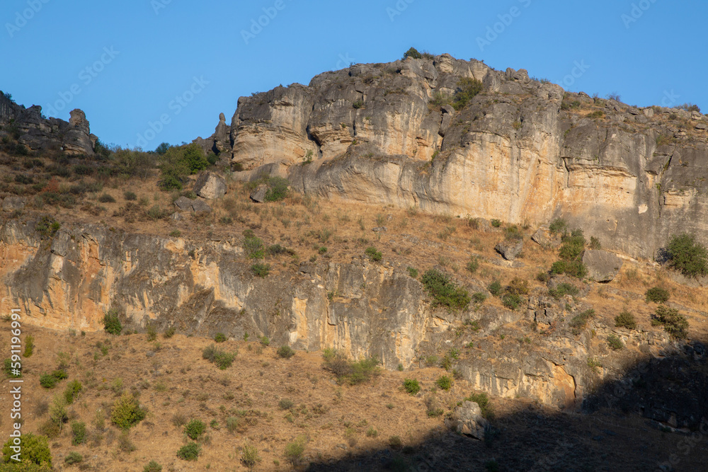 Valley Wall and Trees in the Fall, Panton de la Oliva Reservoir, Patones, Madrid, Spain