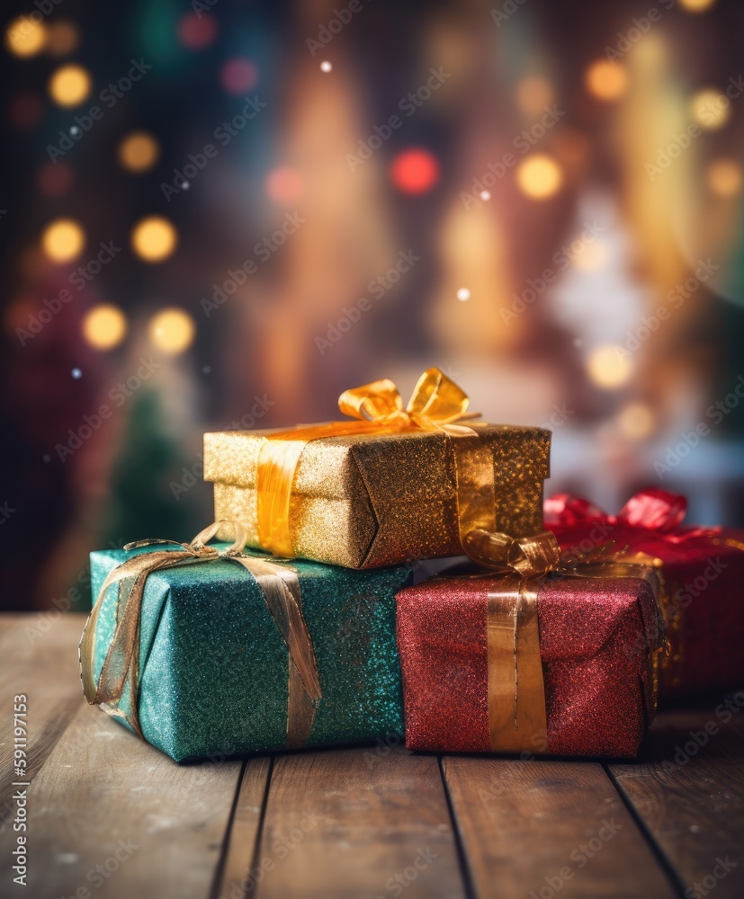Christmas presents wrapped in colorful paper with ribbon on wooden table background and bokeh. Place for typography and logo. Copy space. Generative Ai. Christmas presents wrapped in colorful paper with ribbon on wooden table background and bokeh. Place for typography and logo. Copy space. Generative Ai.
