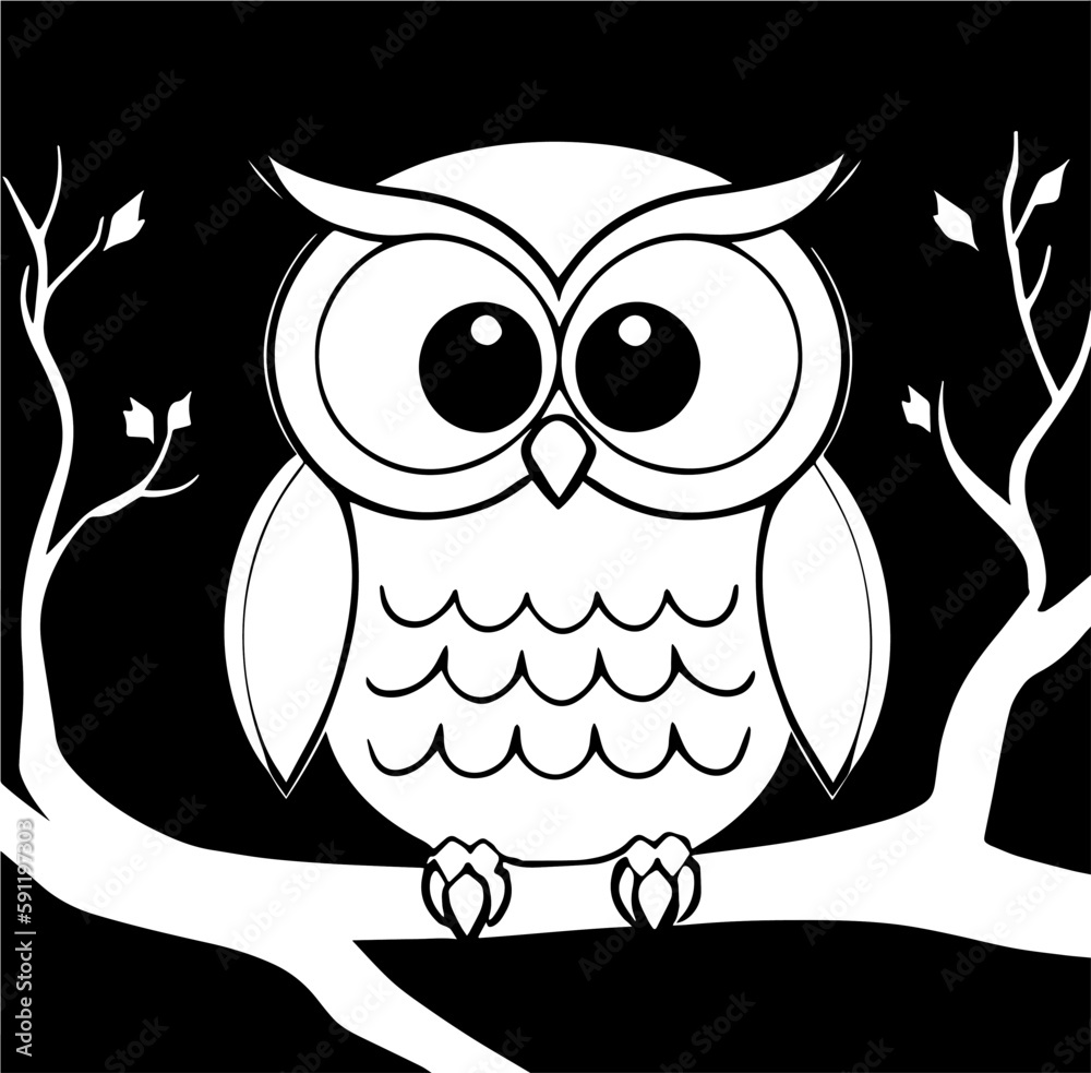 Coloring page of cute owl on black background