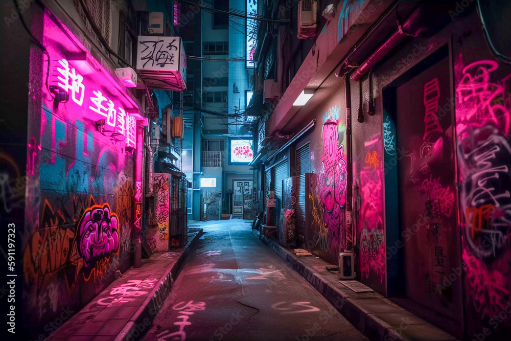 Tokyo City by Night, Anime and Manga drawing illustration, city ​​views, magenta, purple, neon, Generative AI