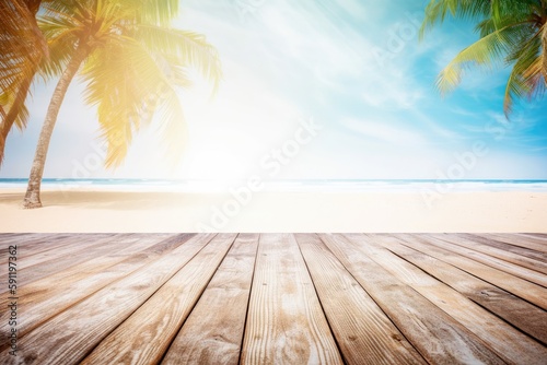 Beach blurred background with wooden floor and tropical palm trees in summertime vacations Generative AI Illustration