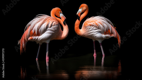 Isolated Colorful Two Flamingos On Black Background  Generative Ai