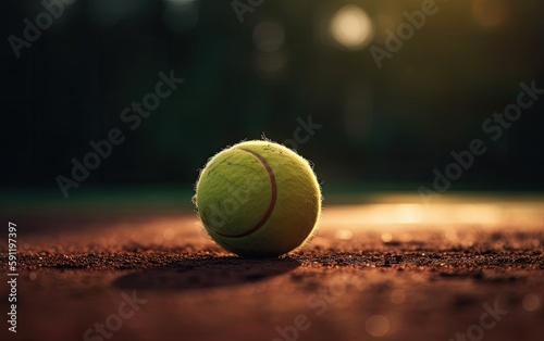 Close up of tennis ball on clay court.Tennis ball. Generative Ai. © Kowit