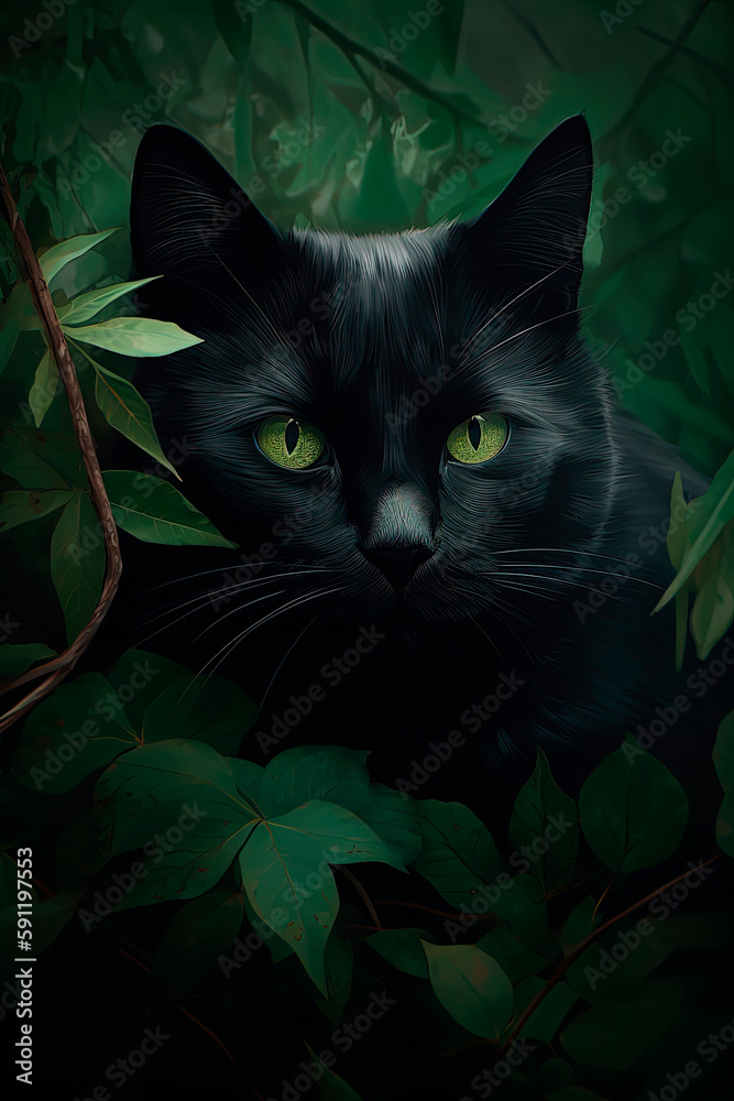 A black cat hiding in the leaves of a tree. Generative AI A black cat hiding in the leaves of a tree. Generative AI