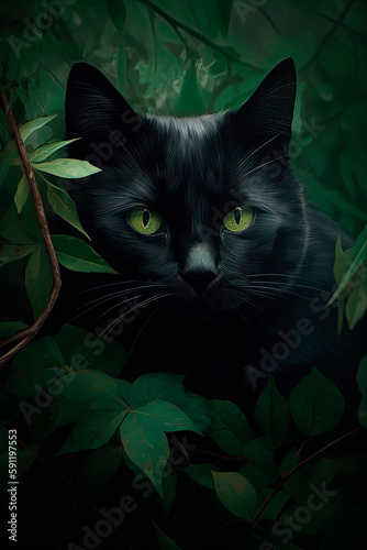 A black cat hiding in the leaves of a tree. Generative AI