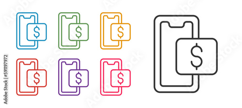 Set line Mobile phone and shopping cart icon isolated on white background. Online buying symbol. Supermarket basket symbol. Set icons colorful. Vector