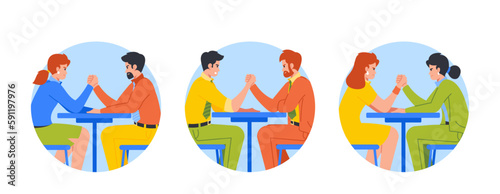 Business People Engaged In An Arm-wrestling Match Isolated Round Icons Displaying Strength, Competition