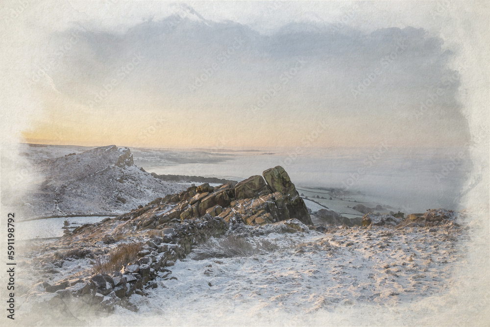 Winter digital watercolour painting of a sunrise cloud inversion, and snow at The Roaches, Staffordshire.