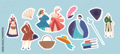 Set of Stickers Men And Women in Elegant 18th Century Attire, Wigs and Accessories. Historical Peasant and Aristocrats