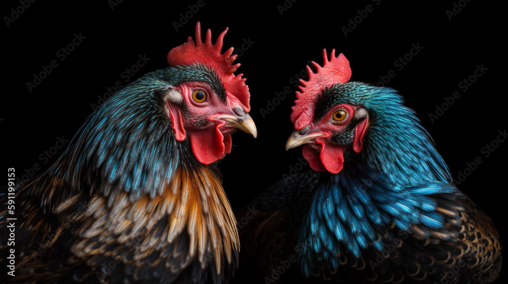 Isolated Colorful Two Hens On Black Background, Generative Ai