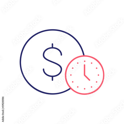 Coin with clock, easy instant credit, loan payment, fast money outline color icon. Finance, payment, invest finance symbol design.