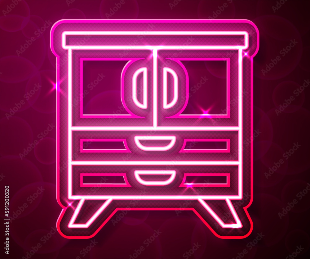 Glowing neon line Chest of drawers icon isolated on red background. Vector Glowing neon line Chest of drawers icon isolated on red background. Vector