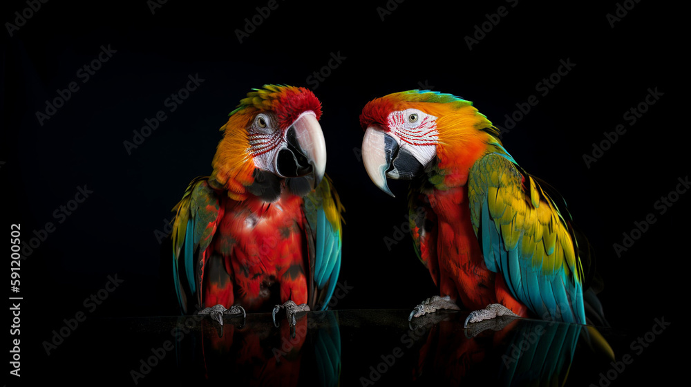 Isolated Colorful Two Macaws On Black Background, Generative Ai